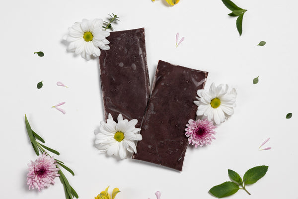 Photo of 2 100g Sachets of Frozen Organic Açaí surrounded by white and pink flowers and herbs